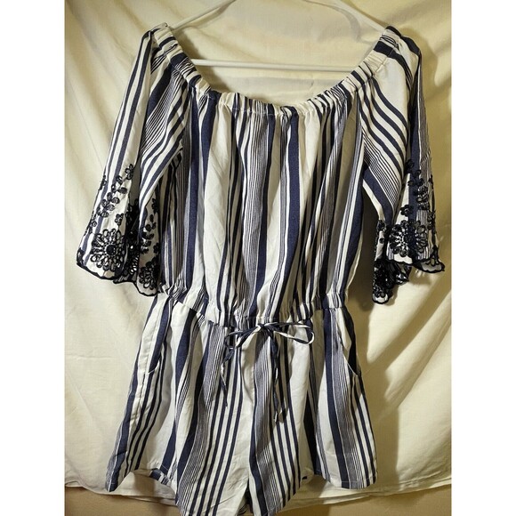 Style House Pants - Style House Women’s Shirts Romper Large Blue And White